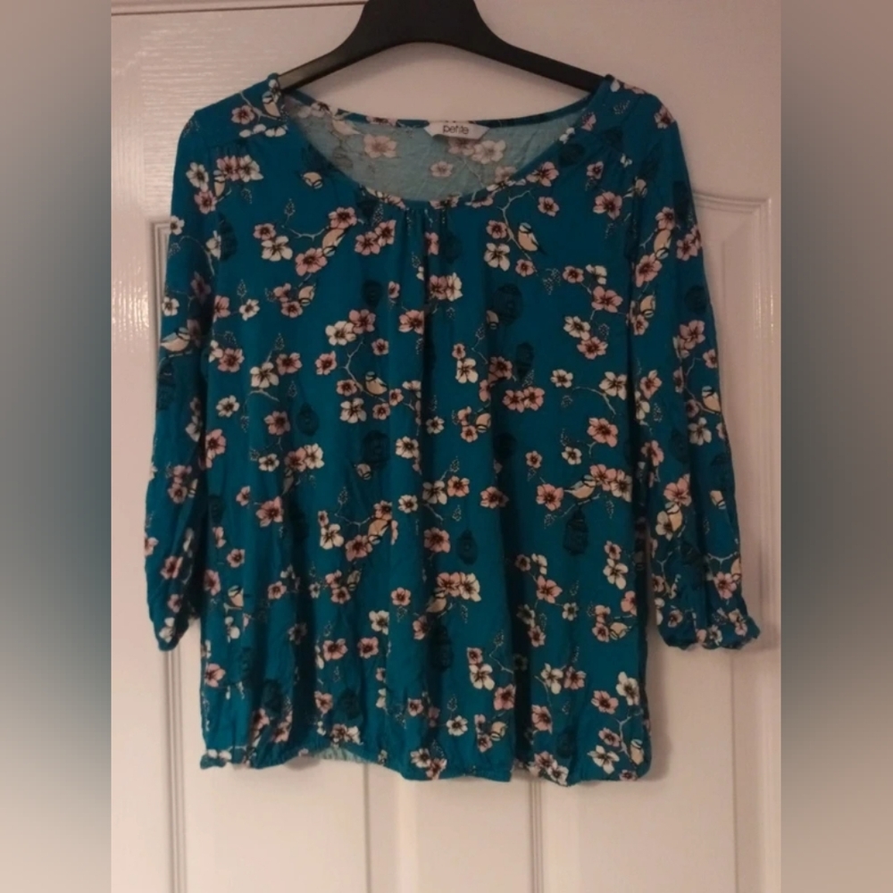 Floral Teal Blouse with 3/4 Sleeves